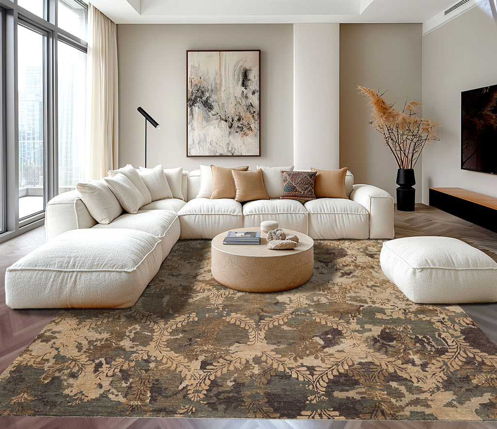 8x10 Beige, Gray, Tan Color Hand Knotted Tibetan Wool Transitional Oriental Rug