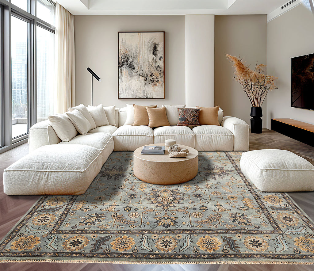 8x10 Aqua, Gray, Tan Color Hand Knotted Oushak Wool Traditional Oriental Rug