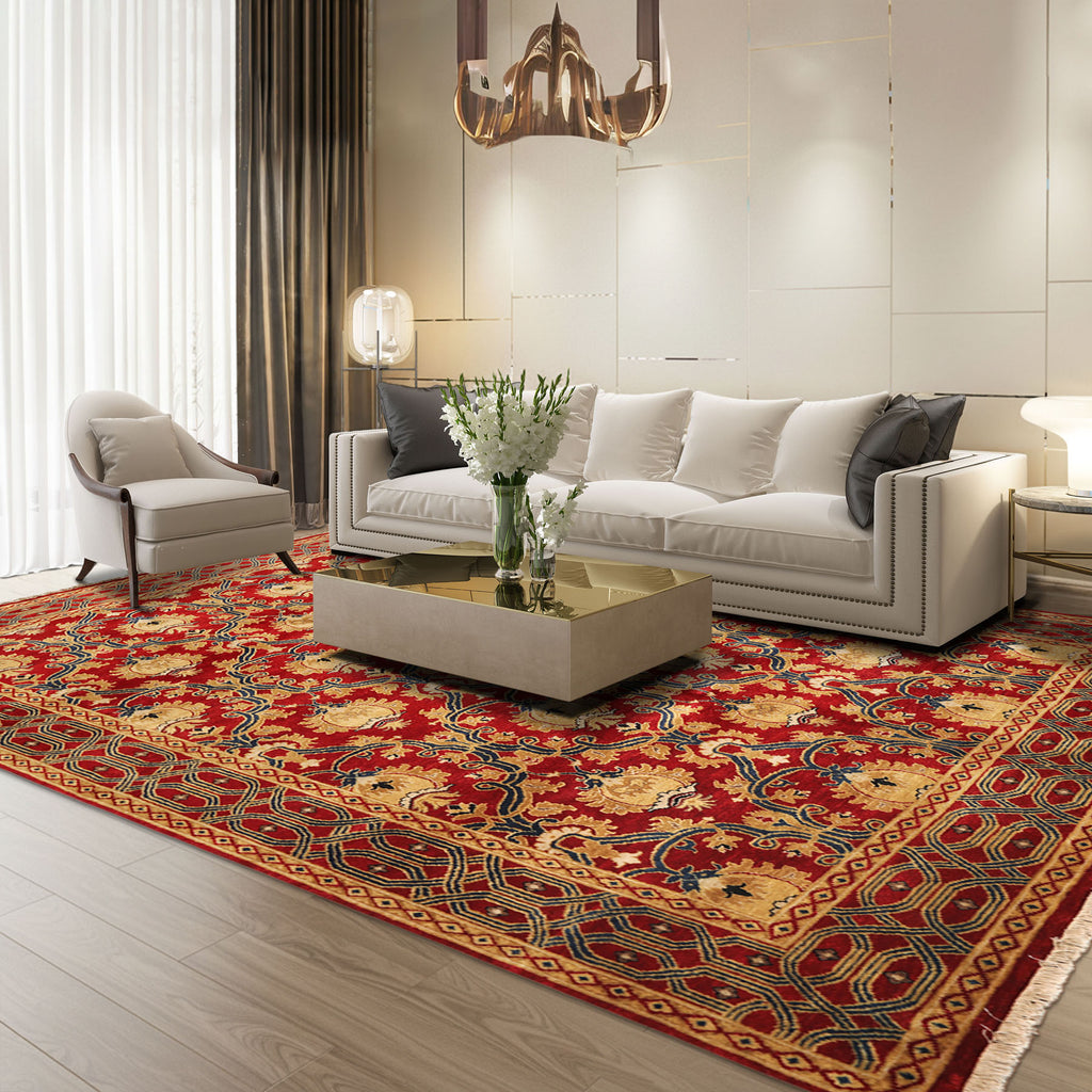 8x10 Red, Gold, Navy Color Hand Knotted Agra Wool Traditional Oriental Rug