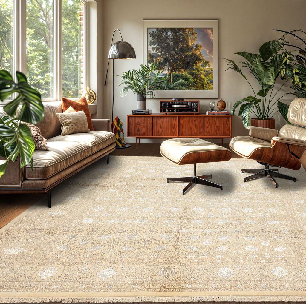 8x10 Ivory, Tan, Color Hand Knotted Tibetan Wool & Bamboo Silk Traditional Oriental Rug