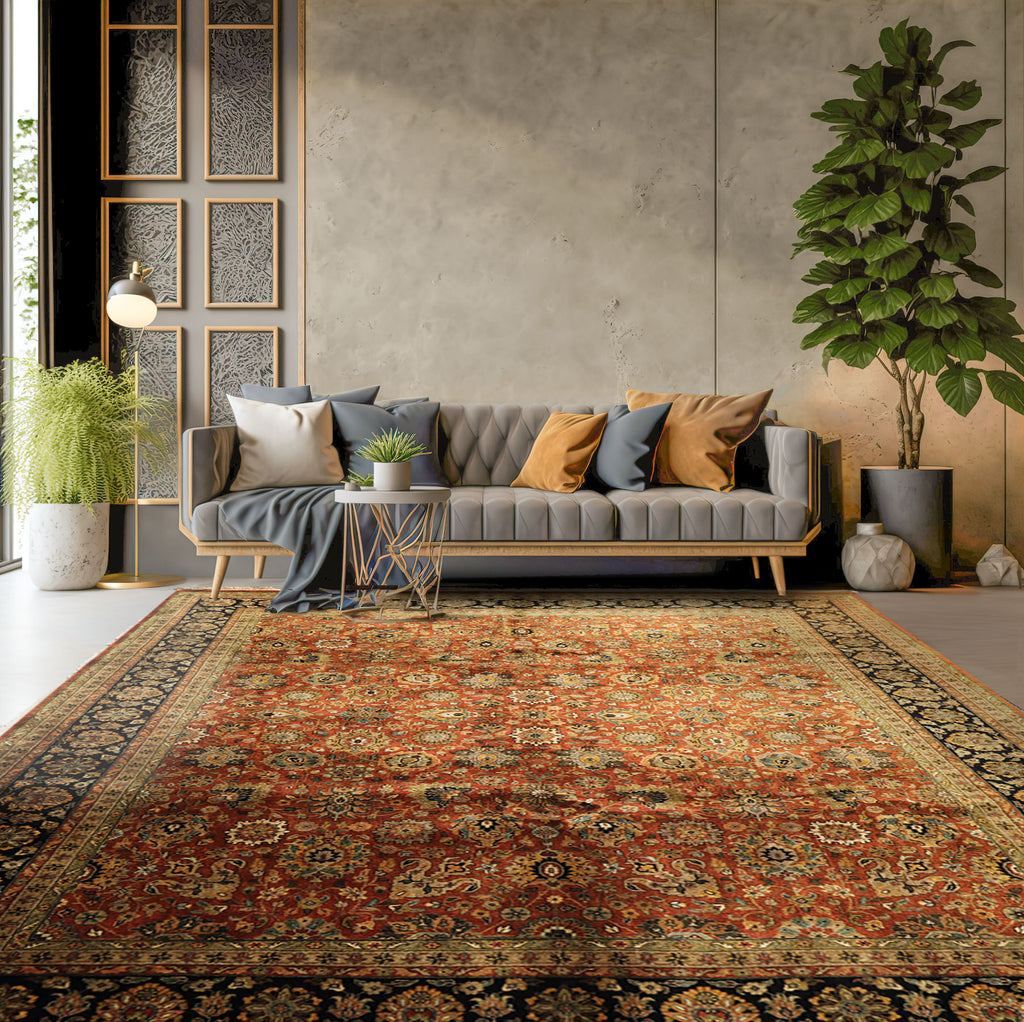 8x10 Rust, Black, Sage Color Hand Knotted Sarouk New Zealand Wool Traditional Oriental Rug