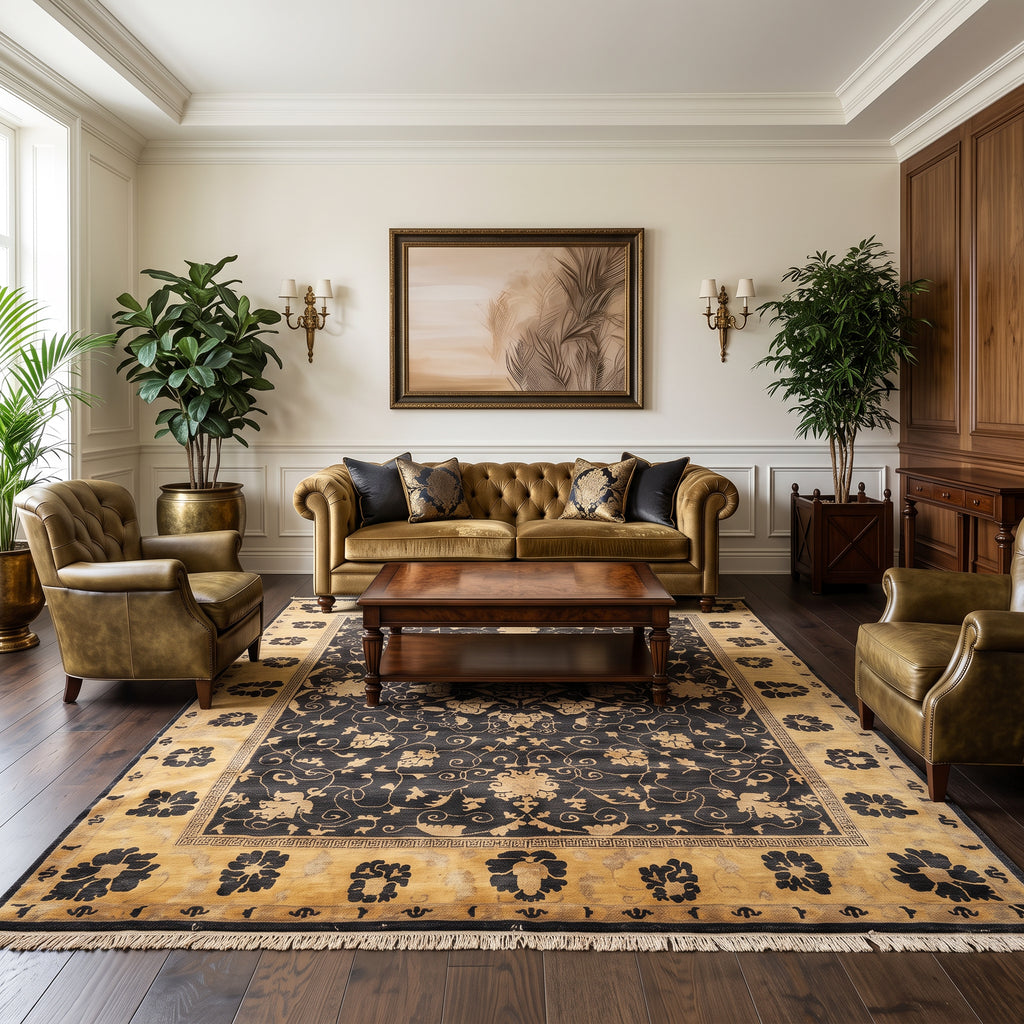 8x10 Charcoal, Gold, Tan Color Hand Knotted Oushak Wool Traditional Oriental Rug
