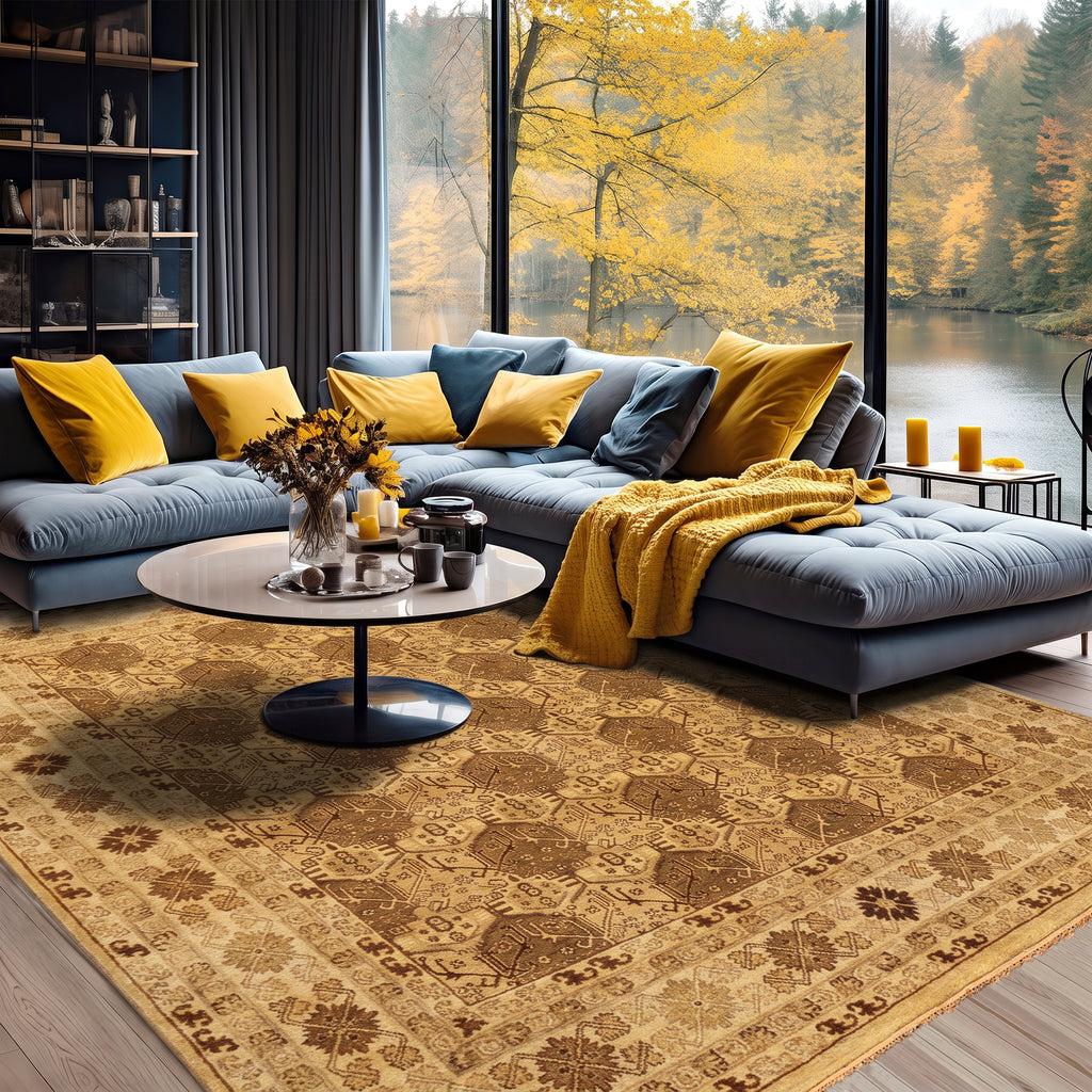 8x10 Gold, Tan, Beige Color Hand Knotted Agra Wool Transitional Oriental Rug