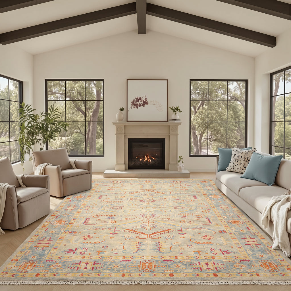 9x12 Aqua, Beige, Gold Color Hand Knotted Peshawar Wool Traditional Oriental Rug