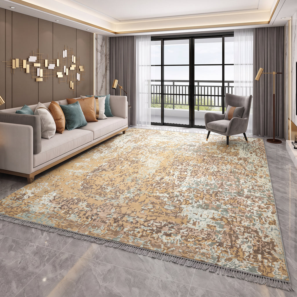 8x10 Camel, Aqua, Brown Color Hand Knotted Sherpa Wool & Bamboo Silk Modern & Contemporary Oriental Rug