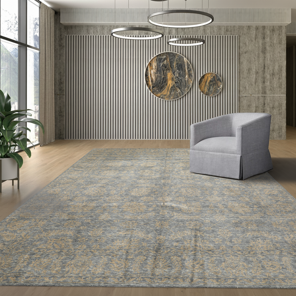 8x10 Aqua, Tan, Color Hand Loomed Tibetan Wool Transitional Oriental Rug
