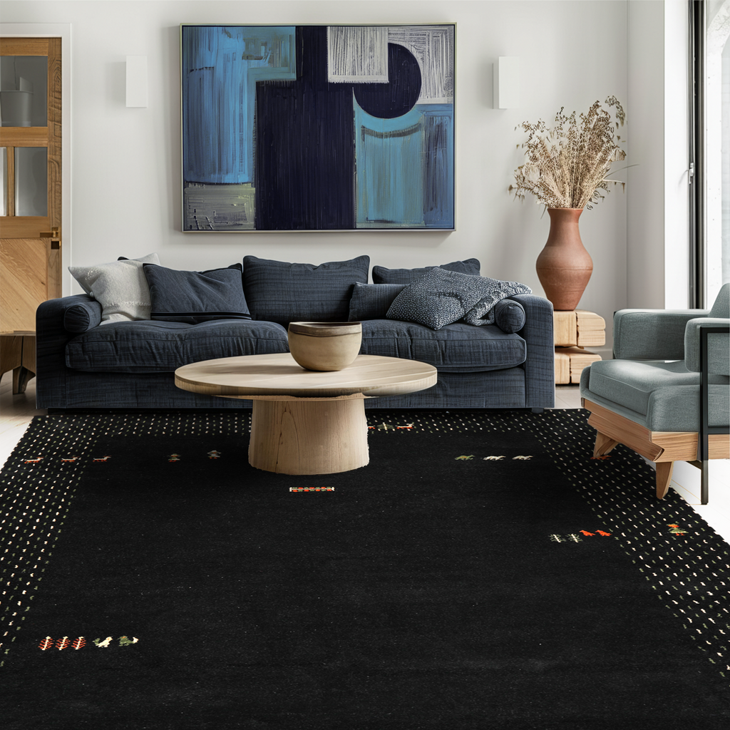 8x11 Black, Ivory, Sage Color Hand Knotted Gabbeh Wool Modern & Contemporary Oriental Rug