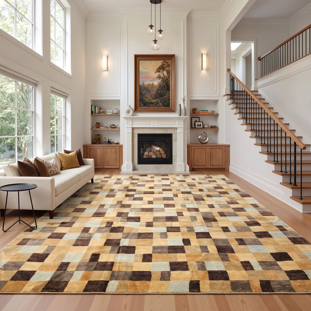 9x12 Light Gold, Brown, Seafoam Color Hand Knotted Tibetan Wool Modern & Contemporary Oriental Rug