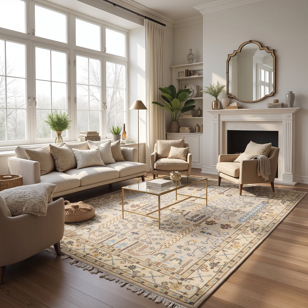 8x10 Gray, Taupe, Ivory Color Hand Knotted Oushak Wool Traditional Oriental Rug