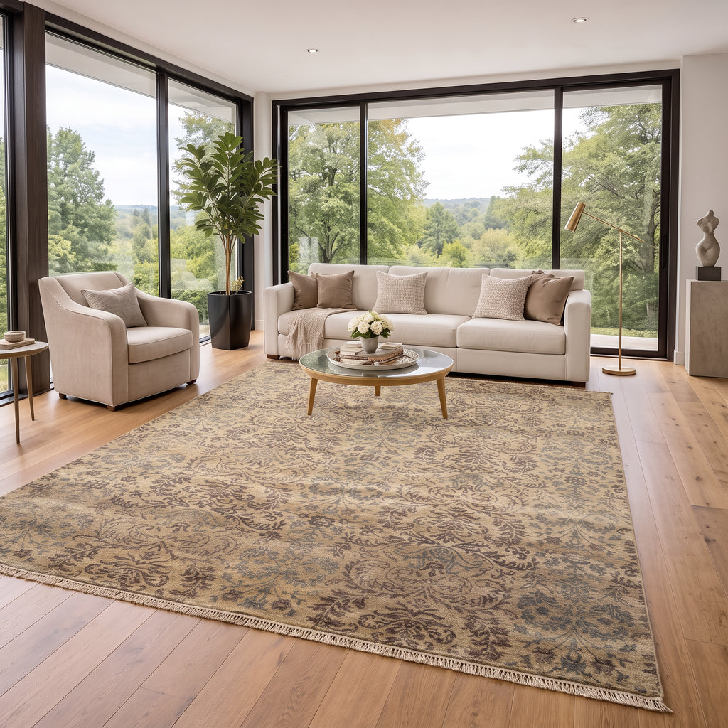 8x10 Beige, Taupe, Slate Color Hand Knotted Oushak Wool Transitional Oriental Rug