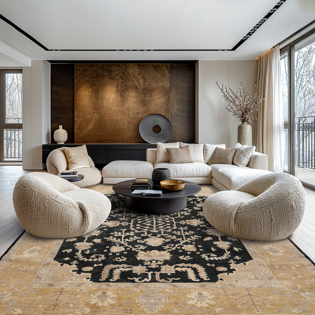 8x10 Black, Caramel, Taupe Color Hand Knotted Oushak Wool Traditional Oriental Rug