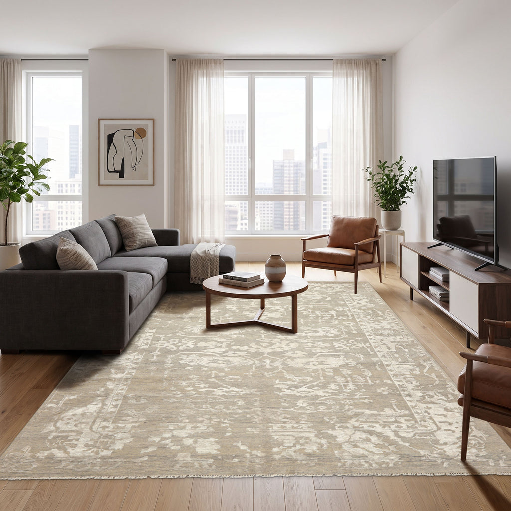 8x10 Tone on Tone Gray, , Color Hand Knotted Oushak Wool & Bamboo Silk Traditional Oriental Rug