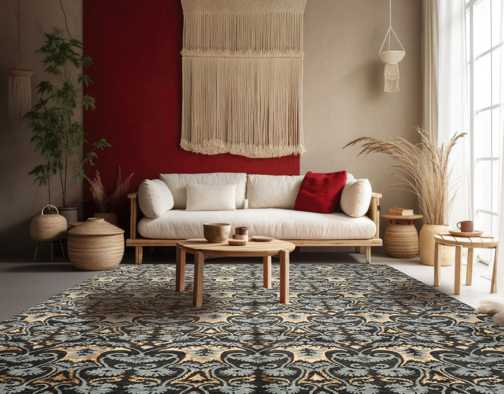 9x12 Charcoal, Blue, Caramel Color Hand Loomed Tibetan Wool & Bamboo Silk Transitional Oriental Rug