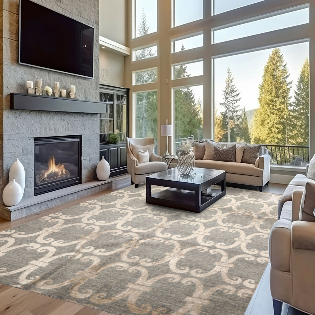 8x10 Slate, Beige, Color Hand Loomed Tibetan Wool & Bamboo Silk Transitional Oriental Rug