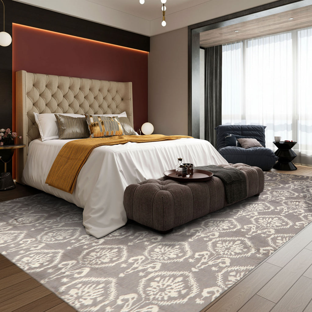 8x10 Graphite, Silver, Gray Color Hand Loomed Tibetan Wool & Bamboo Silk Transitional Oriental Rug