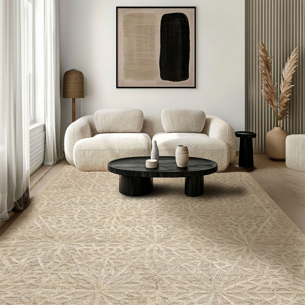 5x8 Tone on Tone Beige, , Color Hand Loomed Tibetan Wool & Bamboo Silk Transitional Oriental Rug