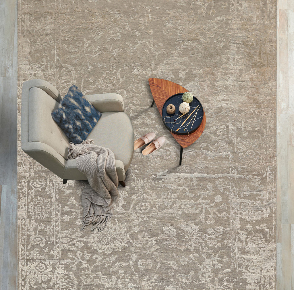 6x9 Tone on Tone Gray, , Color Hand Knotted Oushak Wool & Bamboo Silk Transitional Oriental Rug