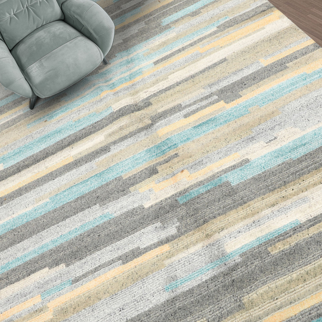 4x6 Aqua, Gray, Silver Color Hand Knotted Tibetan Wool & Bamboo Silk Modern & Contemporary Oriental Rug
