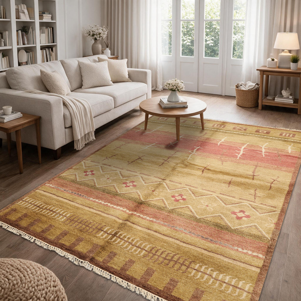 5x8 Moss, Rose, Brown Color Hand Knotted Tibetan New Zealand Wool Modern & Contemporary Oriental Rug