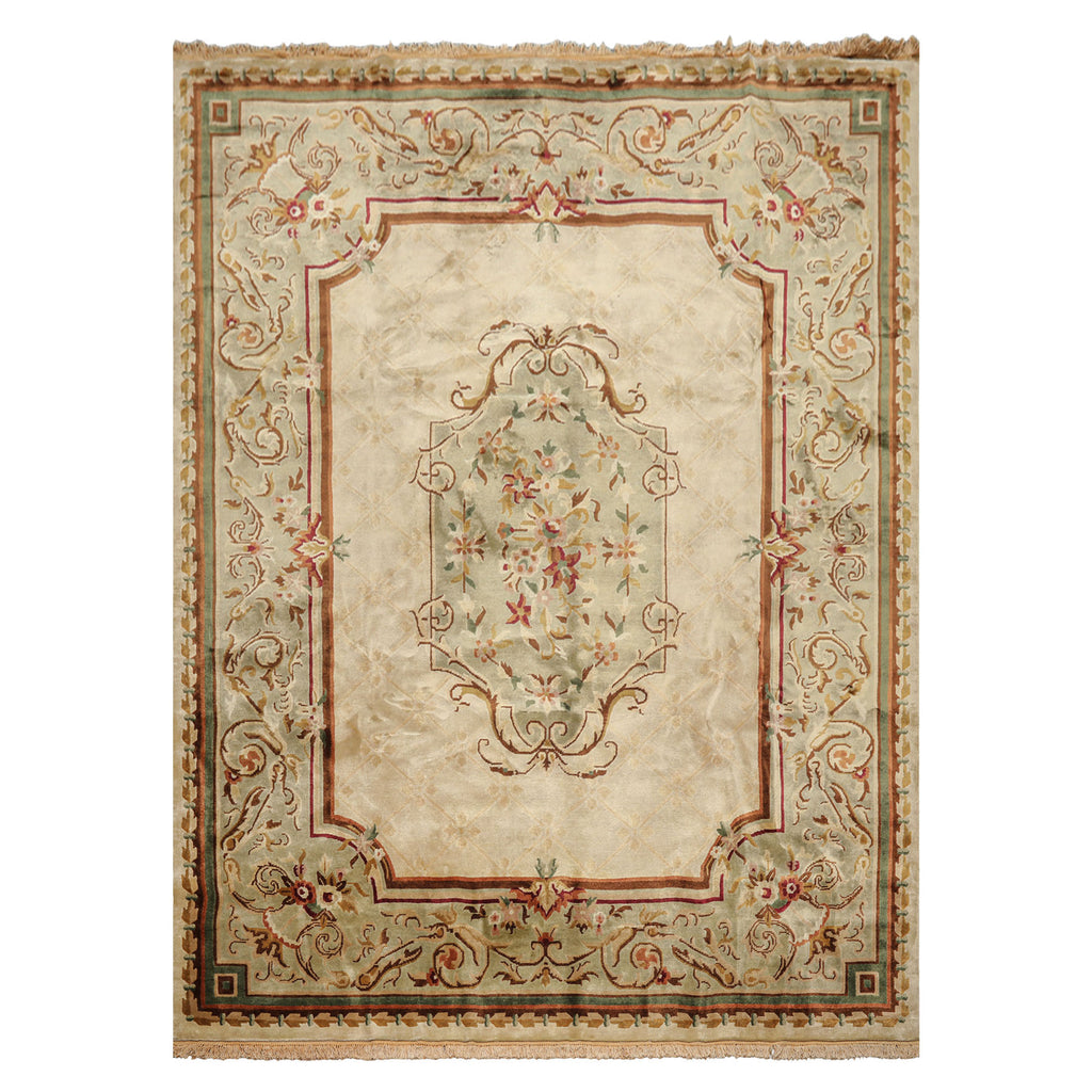9x12 Ivory, Tan, Mint Color Hand Knotted French Aubusson Savonnerie Wool Traditional Oriental Rug