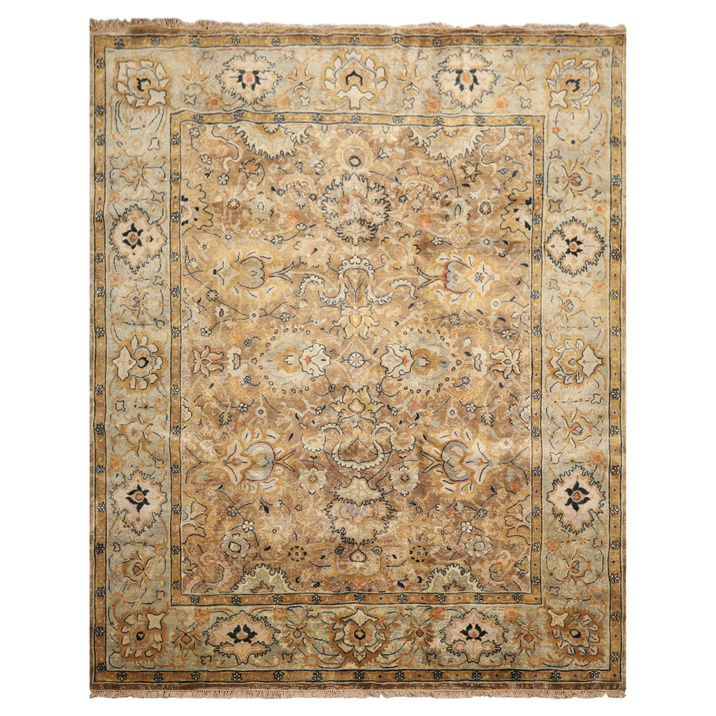 8x10 Mocha, Mint, Navy Color Hand Knotted Agra Wool Transitional Oriental Rug