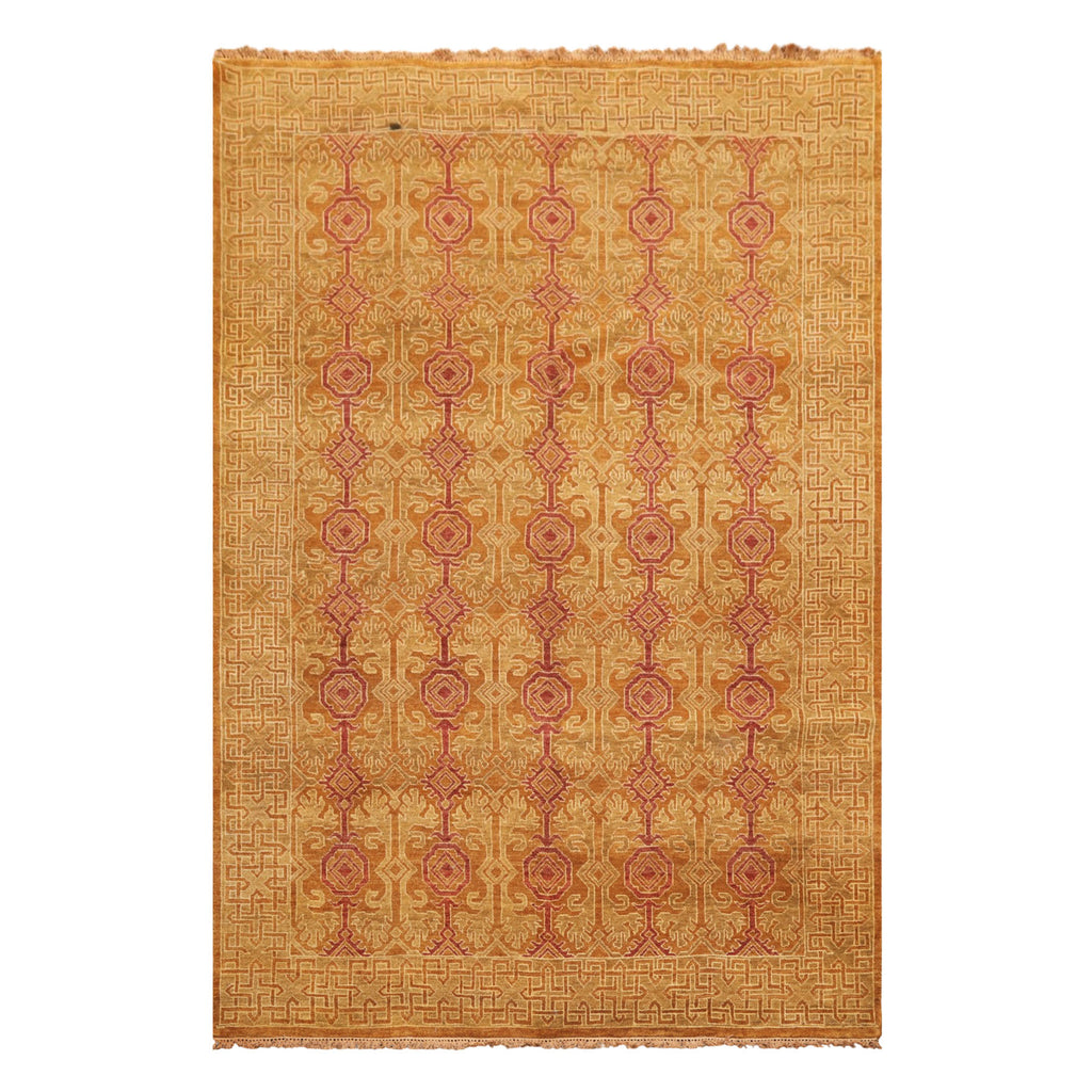 6x9 Caramel, Rose, Rust Color Hand Knotted Agra Wool Traditional Oriental Rug