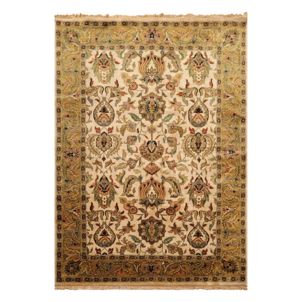6x9 Ivory, Gold, Sage Color Hand Knotted Agra New Zealand Wool Traditional Oriental Rug