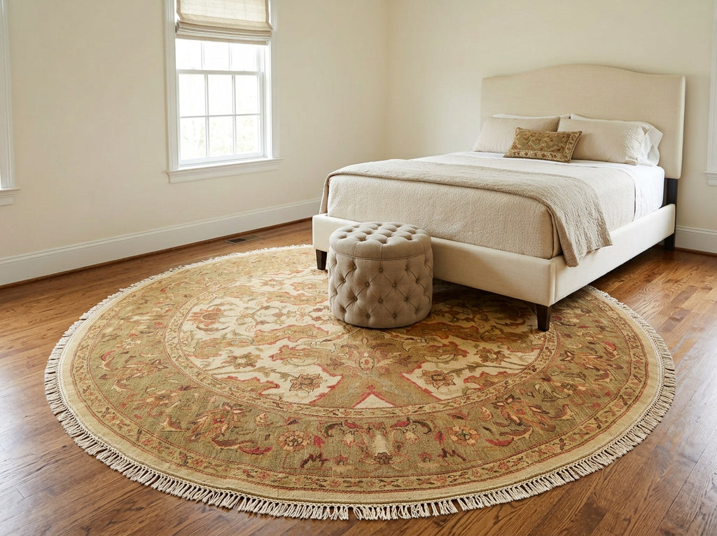 8 Round Tan, Sage, Rust Color Hand Knotted Soumak Wool Traditional Oriental Rug