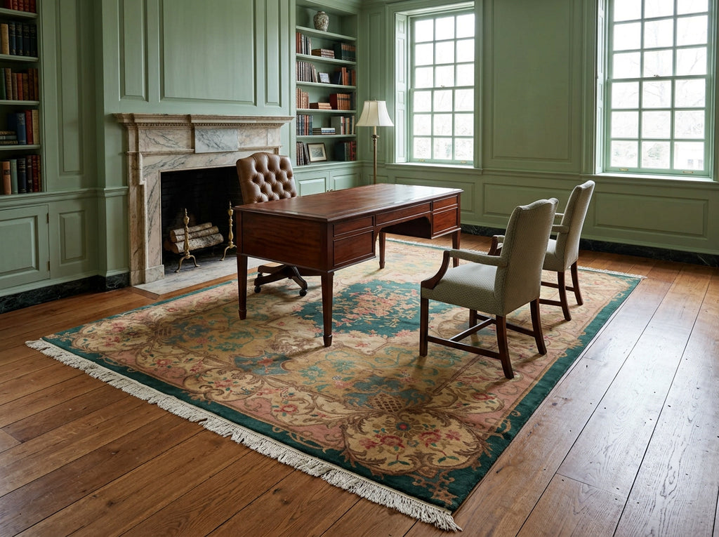 9x12 Emerald, Tan, Rose Color Hand Knotted French Aubusson Savonnerie Wool Traditional Oriental Rug
