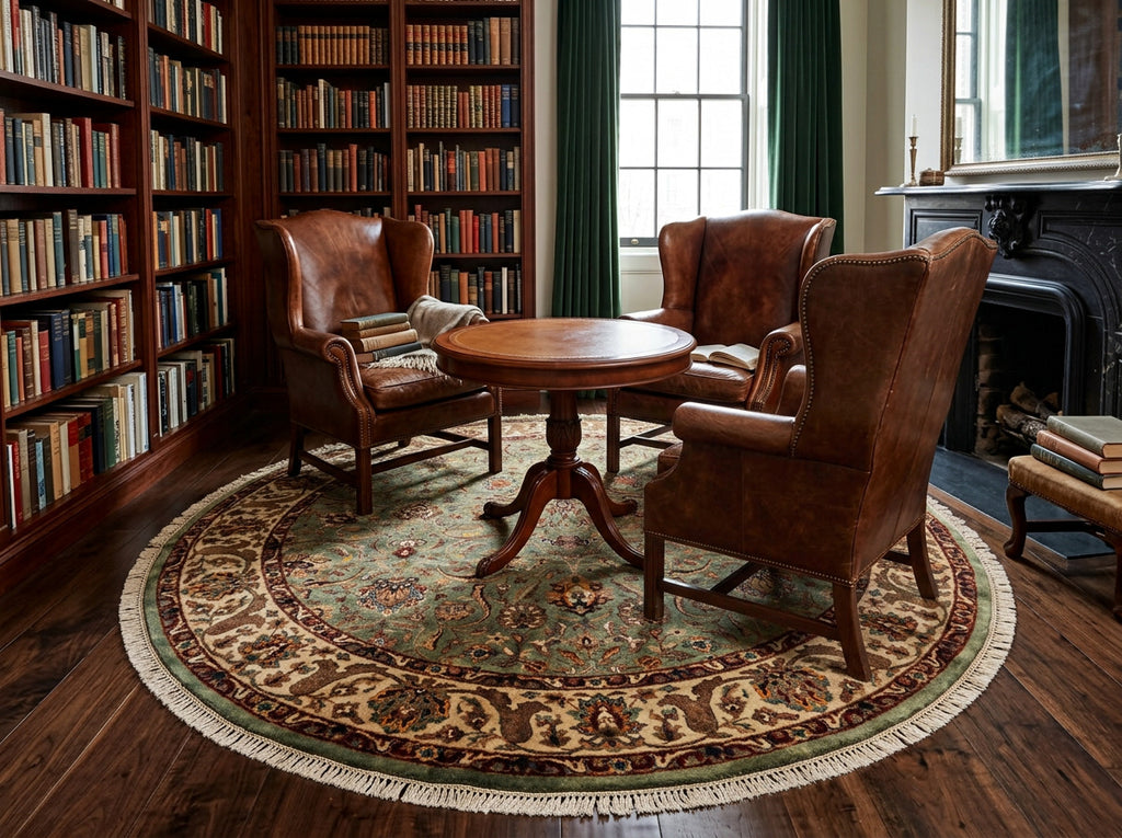 8 Round Sage, Beige, Maroon Color Hand Knotted Agra New Zealand Wool & Silk Traditional Oriental Rug