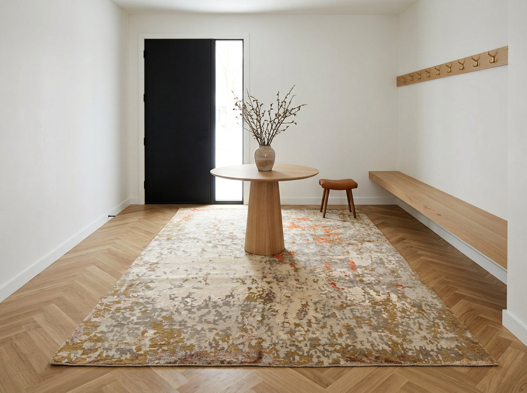 6x9 Beige, Brown, Gray Color Hand Knotted Tibetan Wool & Bamboo Silk Modern & Contemporary Oriental Rug