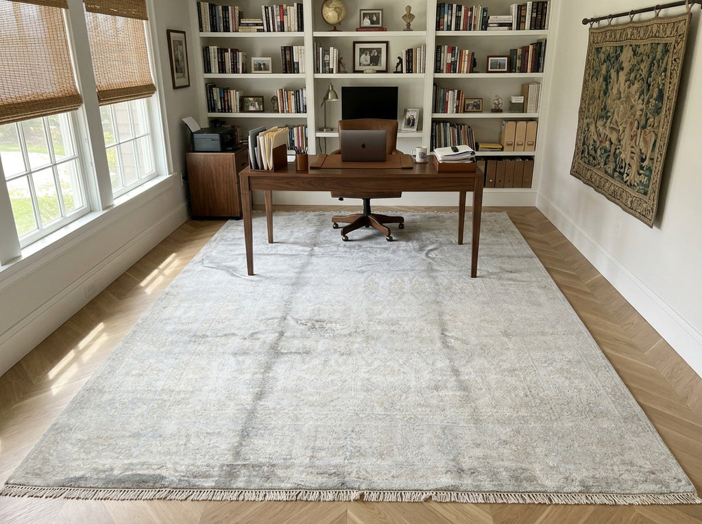 8x10 Gray, Aqua, Tan Color Hand Knotted Oushak Viscose Transitional Oriental Rug