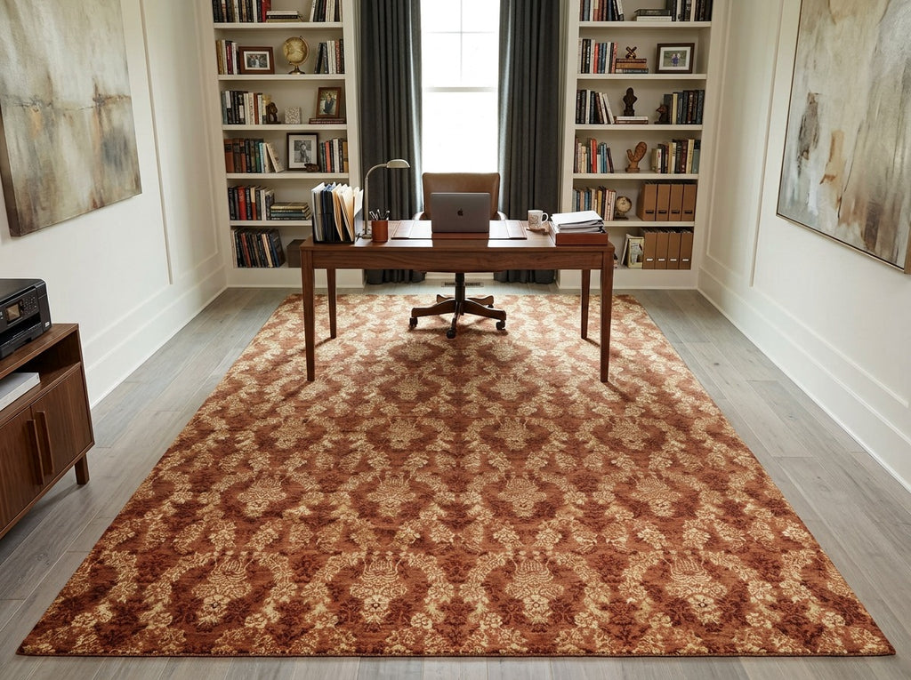 10x14 Rust, Burnt Orange, Pistachio Color Hand Knotted Tibetan Wool & Bamboo Silk Transitional Oriental Rug