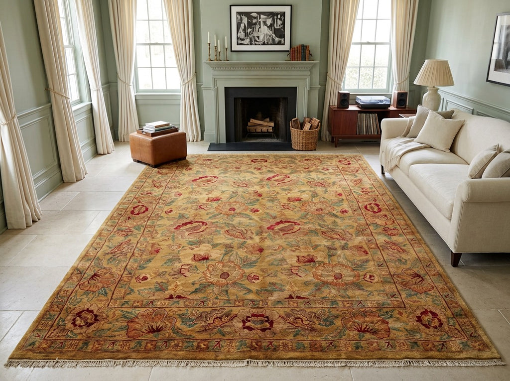 9x12 Gold, Sage, Red Color Hand Knotted Agra Wool Traditional Oriental Rug