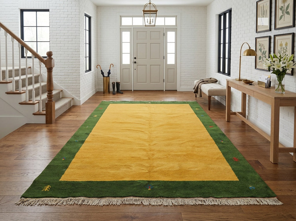 8x11 Gold, Green, Red Color Hand Knotted Gabbeh Wool Modern & Contemporary Oriental Rug