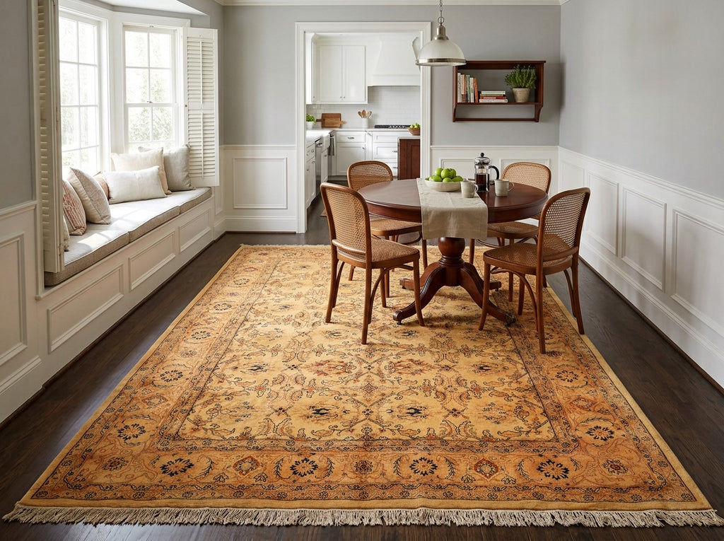 9x12 Tan, Peach, Navy Color Hand Knotted Oushak Wool Traditional Oriental Rug