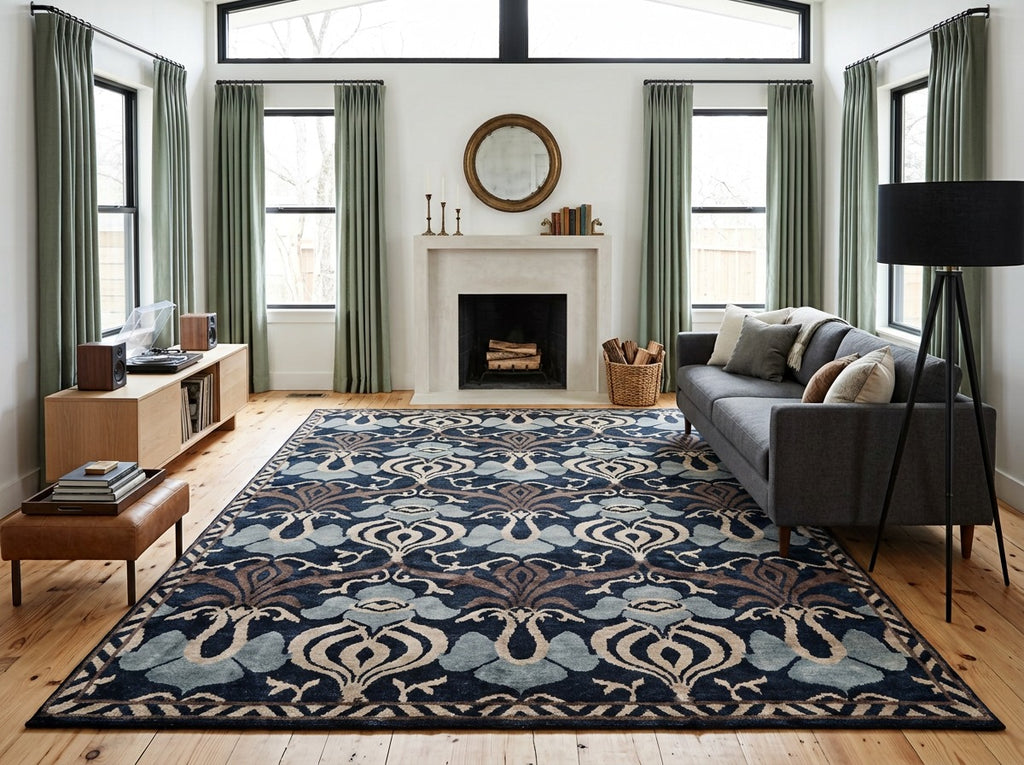 8x10 Navy, Taupe, Blue Color Hand Knotted Tibetan Wool Transitional Oriental Rug