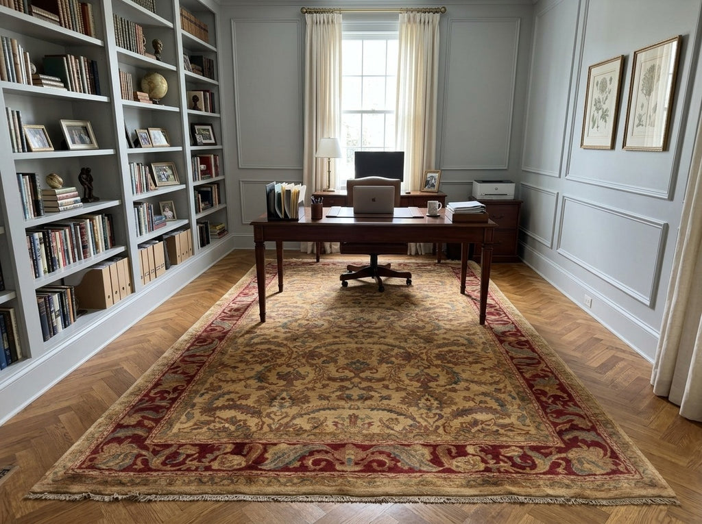 9x18 Beige, Tan, Burgundy Color Hand Knotted Agra Wool Traditional Oriental Rug