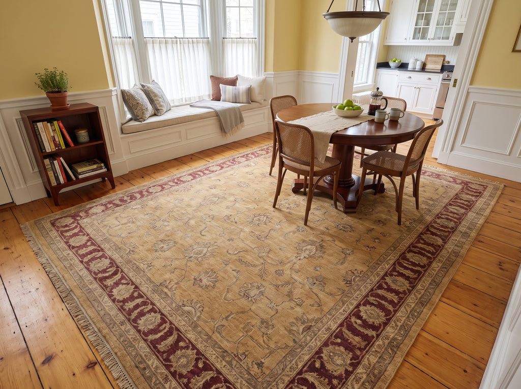 10x14 Light Gold, Maroon, Sage Color Hand Knotted Agra Wool Traditional Oriental Rug
