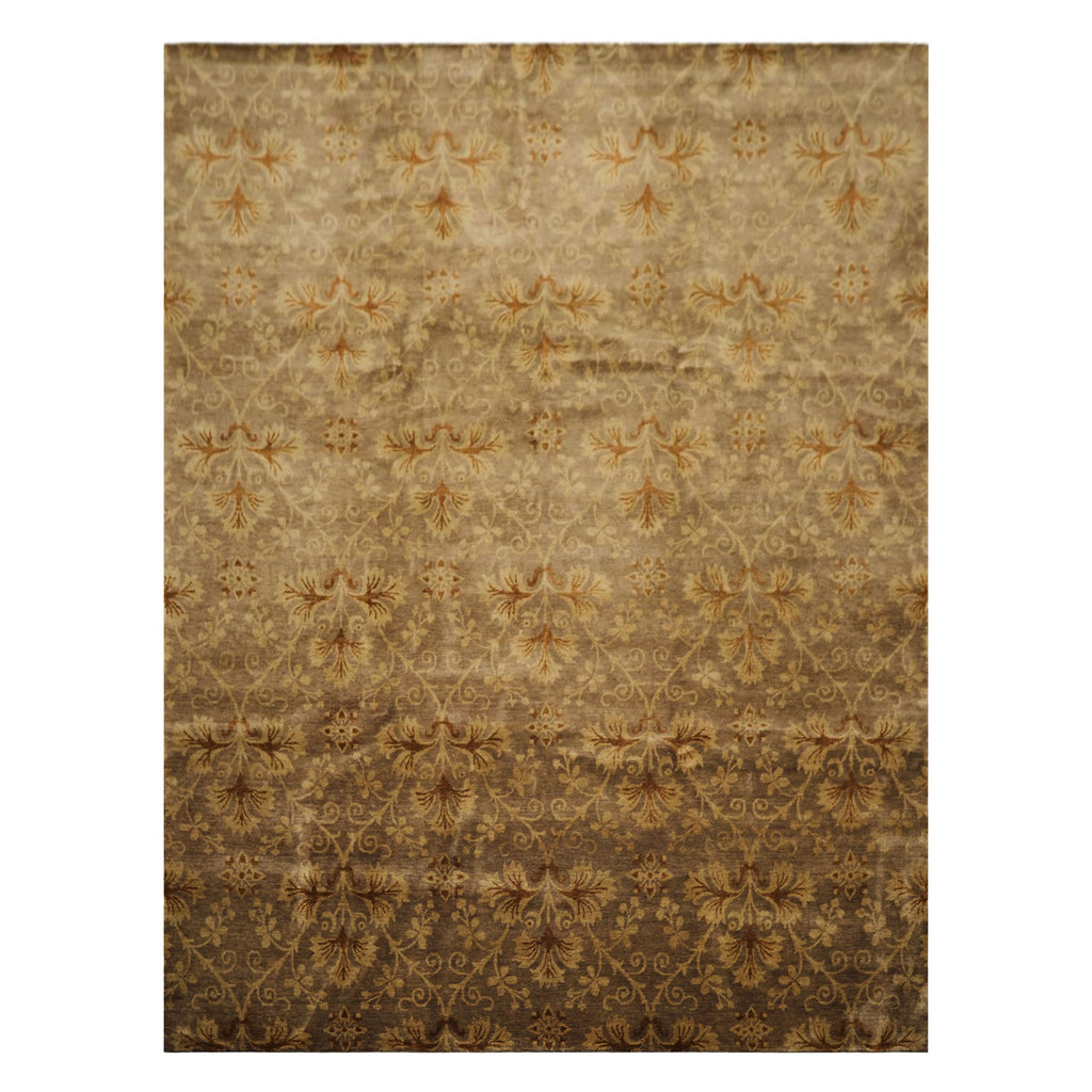9x12 Taupe, Brown, Gold Color Hand Knotted Tibetan Wool Transitional Oriental Rug