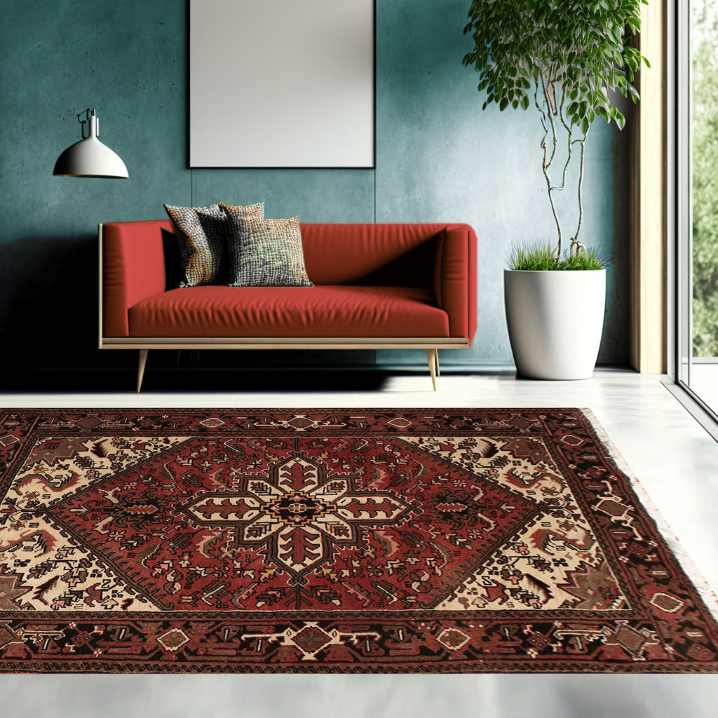 5x7 Rust, Ivory, Charcoal Color Hand Knotted Heriz Wool Traditional Oriental Rug