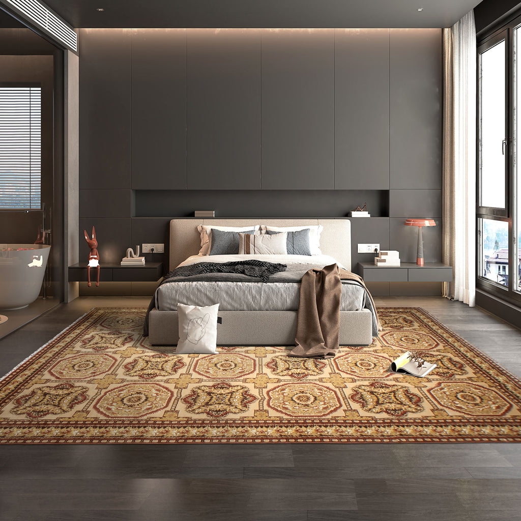 Palace Beige, Brown, Rust Color Machine Made Persian Wool & silk Traditional Oriental Rug