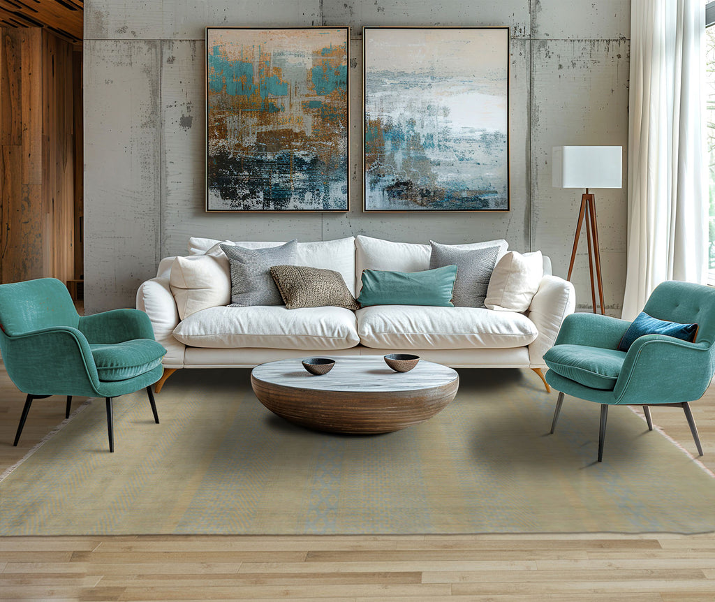 6x9 Blue, Mustard, Color Hand Knotted Tibetan Wool Contemporary Oriental Rug