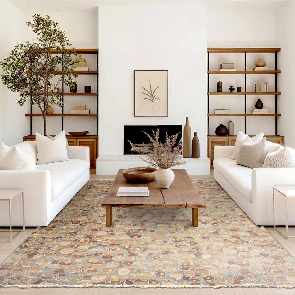 9x12 Aqua, Tan, Brown Color Hand Knotted Full Pile Oriental Wool & Bamboo Silk Contemporary Oriental Rug