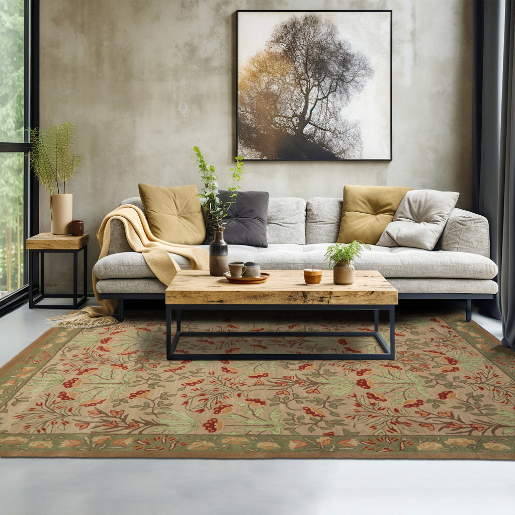 LoomBloom Multi Sizes Handmade  Beige, Sage Transitional Wool Botanical Floral Area Rug