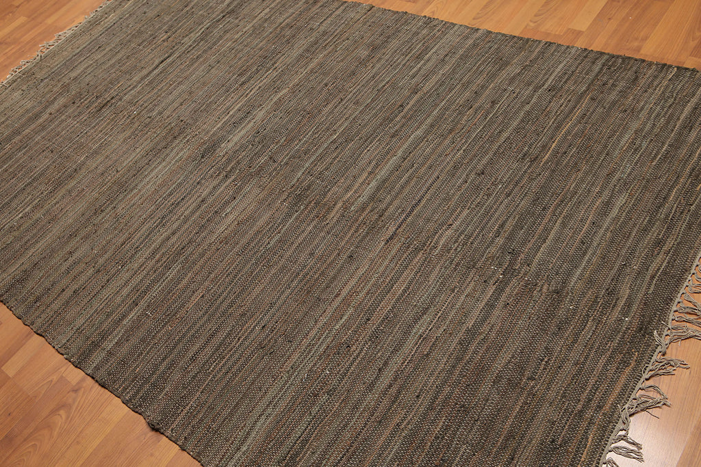 5x7 Charcoal, Gray, Olive Color Hand Woven All-Over 100% Leather Contemporary Oriental Rug