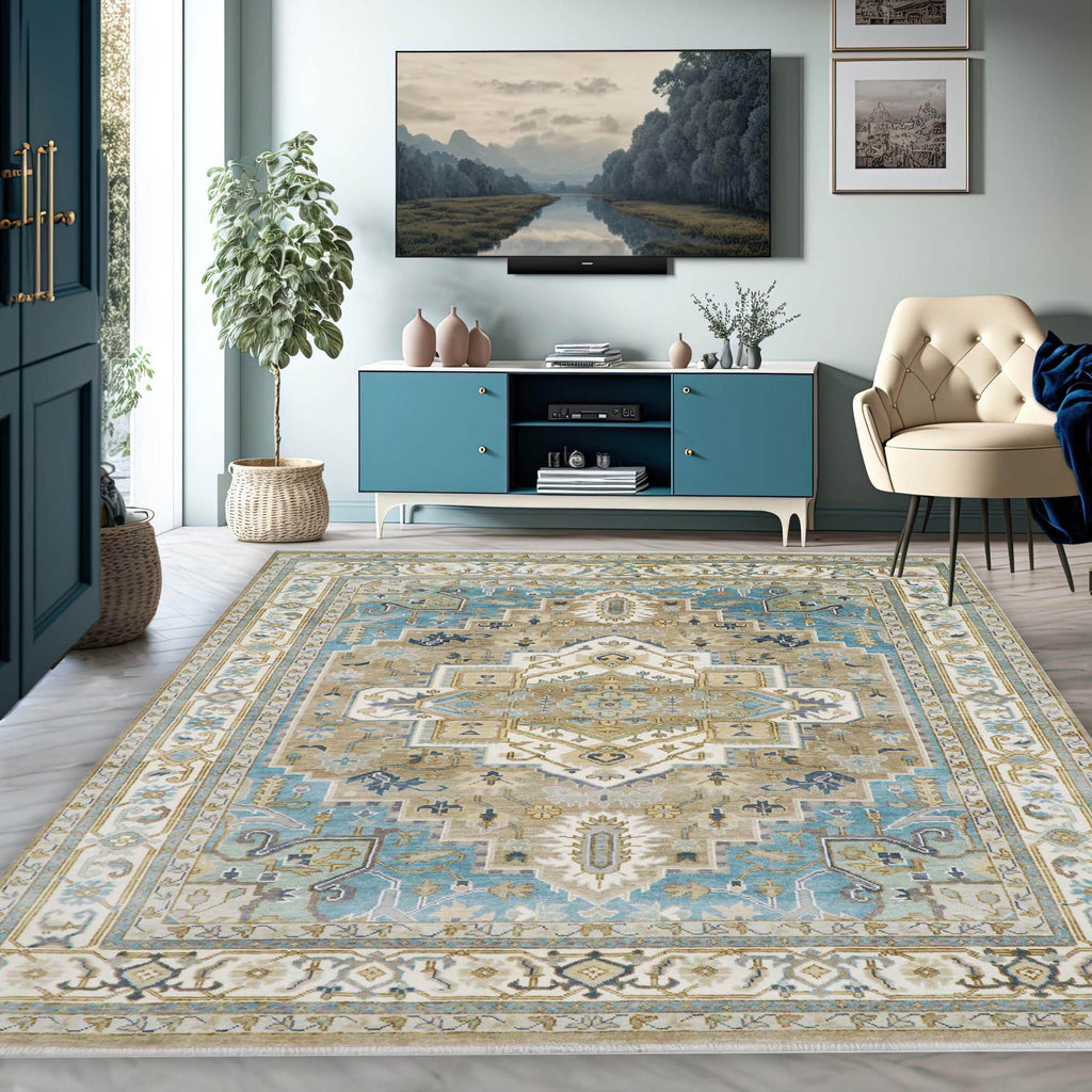 Multi Size Beige Tan Aqua Color Hand Knotted Turkish Oushak 100% Wool Transitional Oriental Rug